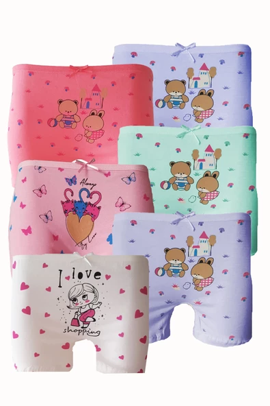 6lı Kız Çocuk Boxer %100 Pamuklu Likralı Baskılı Eğlenceli Rahat - 5