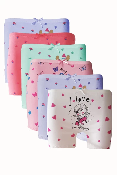 6lı Kız Çocuk Boxer %100 Pamuklu Likralı Baskılı Eğlenceli Rahat - 6