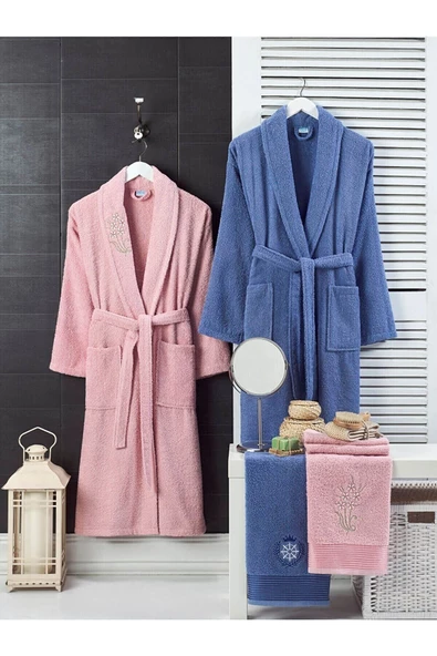 4 Parça Aile Bornoz Seti Kadın Erkek Havlulu Bornoz Takımı Lacivert Pembe - 2