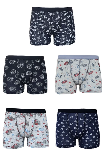5li Erkek Çocuk Desenli Boxer Ekonomik İnce Pamuklu Paçalı Don