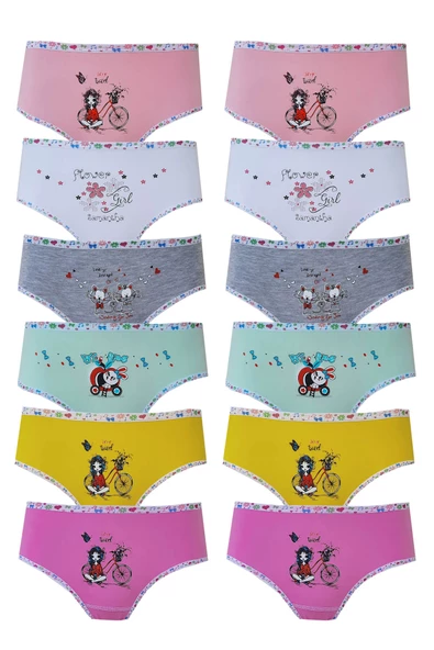 Tutku İç Giyim 12li Kız Çocuk Baskılı Renkli Külot Likralı Slip - 3