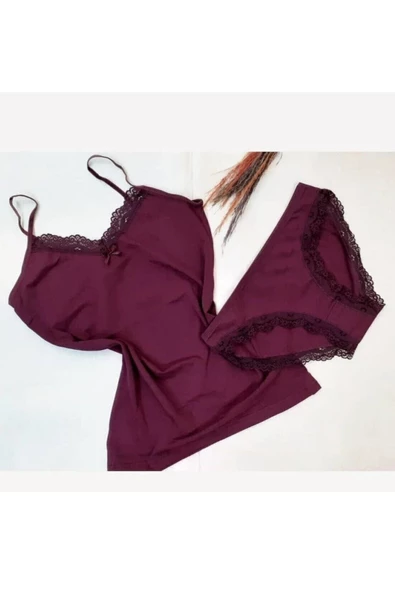 Kadın İp Askılı Dantel Detaylı Atlet Bikini Takım Pamuklı Esnek - 4