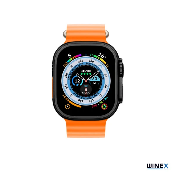 Winex T800 Ultra Android İos Uyumlu Akıllı Saat Siyah Kasa Turuncu Kordon - Resim 2