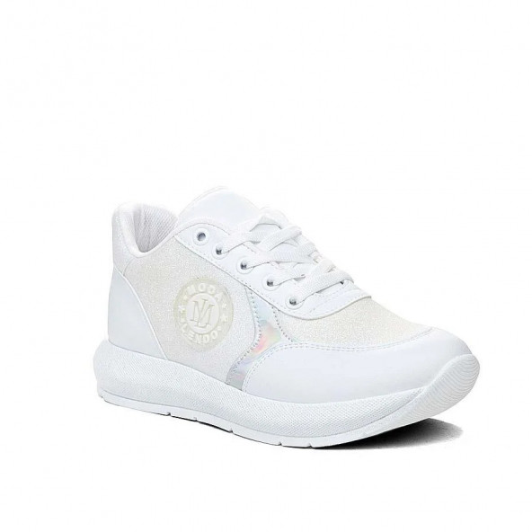 Modalendo Günlük Sneaker Yürüyüş Cilt Simli Beyaz Kadın Ayakkabı - 2