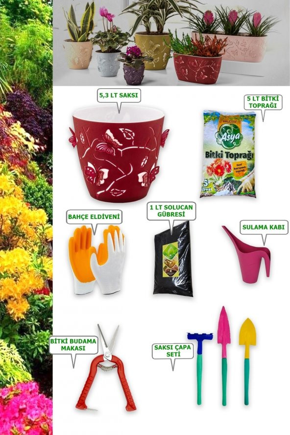 Pro Bahçe Seti 7li Çiçek Saksı Toprağı Çapa Seti Budama Makası Sulama Kabı Eldiven Solucan Gübresi