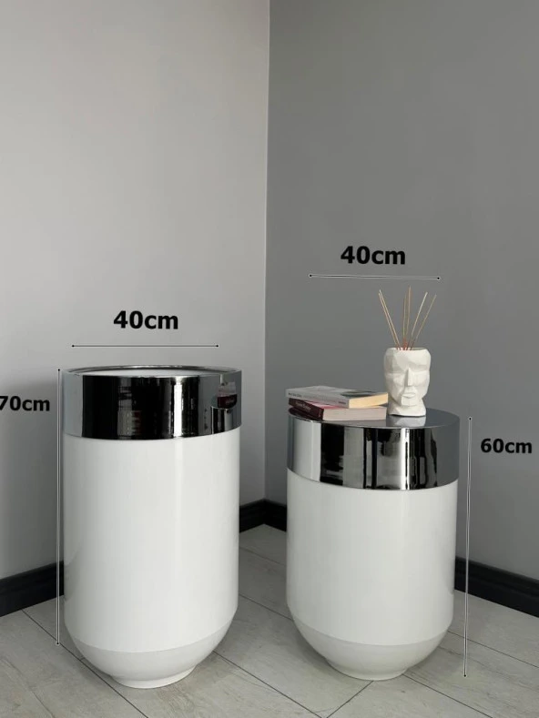 Dekoratif Krom Darbuka Parlak Beyaz Saksı 70cm + Sehpa 60cm İkili Set - Resim 3