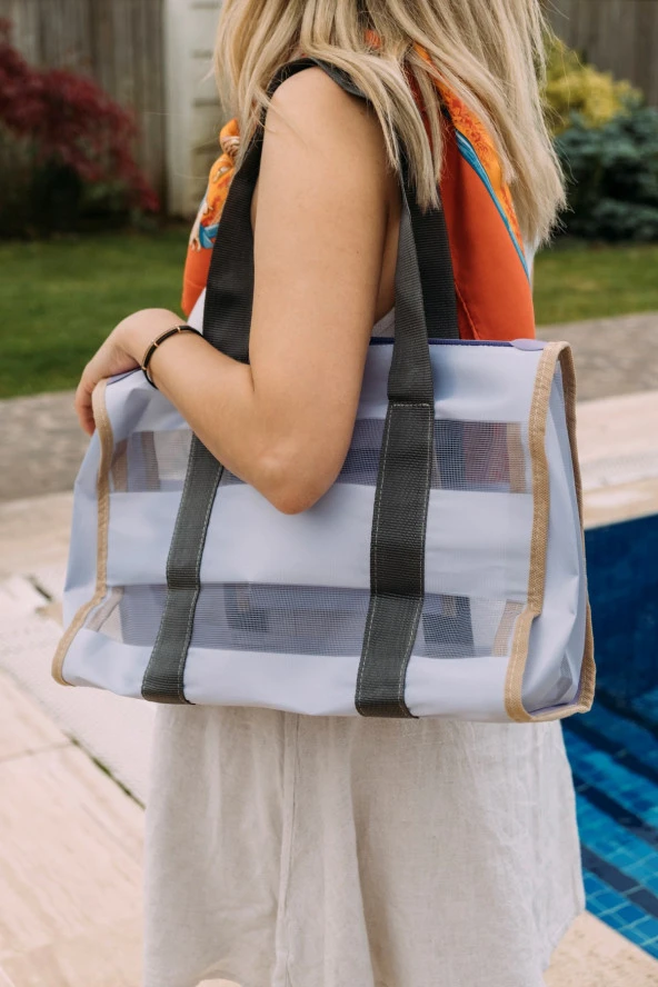 Classic City Bag Lila Çizgili Şeffaf XL Plaj Çantası / Omuz ve Kol Çanta