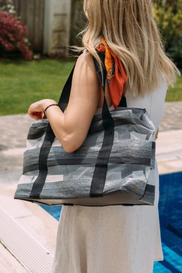 Boy Bag Siyah Çizgili Şeffaf XL Plaj Çantası - Resim 2