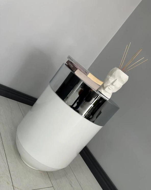 Dekoratif Krom Darbuka Parlak Beyaz Sehpa 70cm - 2