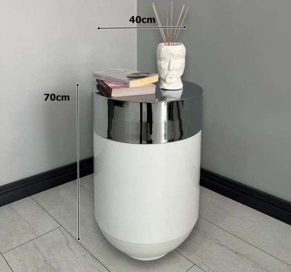 Dekoratif Krom Darbuka Parlak Beyaz Sehpa 70cm - 3