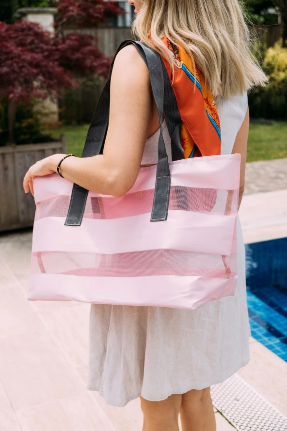 Tote Bag Pink Çizgili Şeffaf XL Plaj Çantası