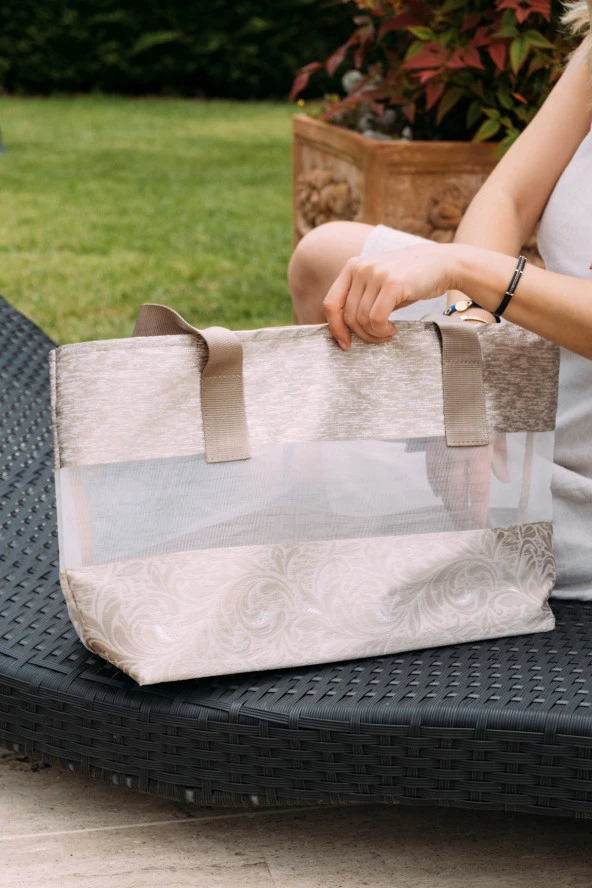 Tote Bag Bej Çizgili Şeffaf XL Plaj Çantası - 2