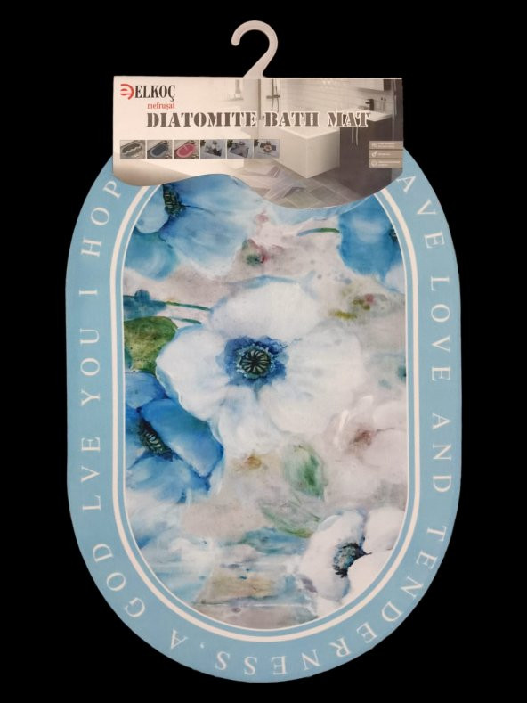 Diatomit Kaydırmaz Su Geçirmez Banyo Paspası Oval Mavi Çiçekli