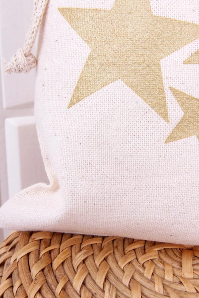 %100 Organik Pamuk 3'lü Bez Çok Amaçlı Büzgülü Yıldız Baskılı Kese - Resim 2