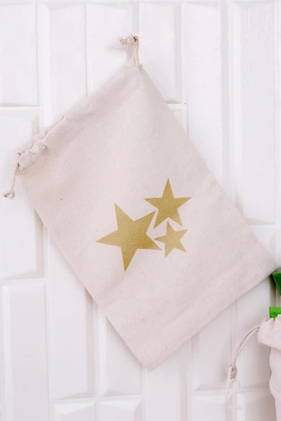 %100 Organik Pamuk 3'lü Bez Çok Amaçlı Büzgülü Yıldız Baskılı Kese ürün görseli 1