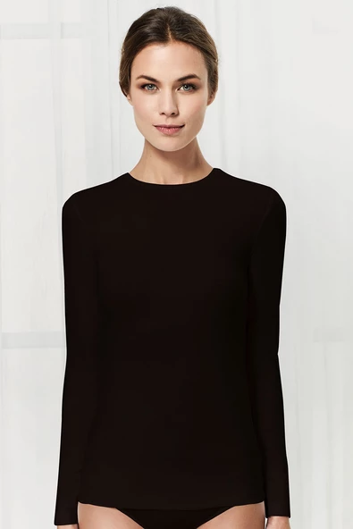 Antibakteriyel Bambu Bayan Yuvarlak Yaka Uzun Kollu T-Shirt - Resim 2