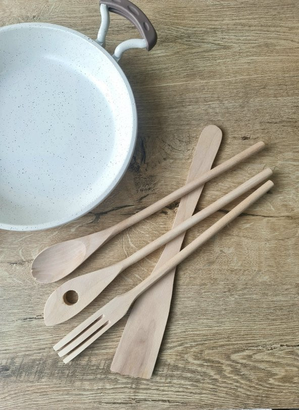 El Yapımı 4 Parça Ahşap Kaşık Mutfak Seti, Tahta Kaşık, Çatal, Spatula 30 Cm - 2