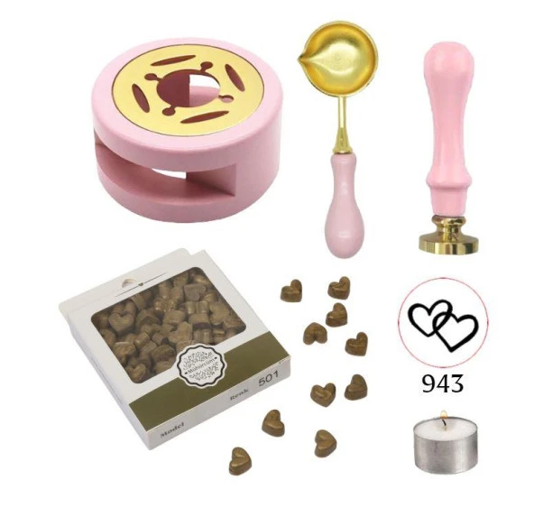 Davetiye Mum Mühürü Uygulama Seti Pembe Renk 943 Çifte Kalp