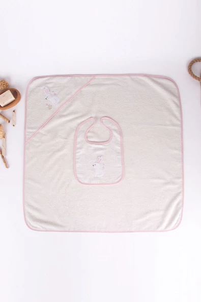 Tavşan Nakışlı Banyo Havlusu/Kundağı & Önlük Seti - Resim 3