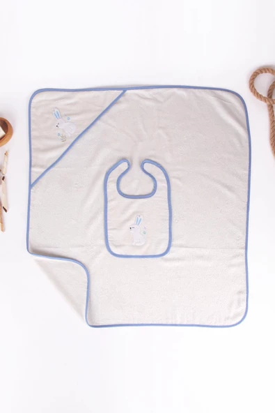 Tavşan Nakışlı Banyo Havlusu/Kundağı & Önlük Seti - Resim 7