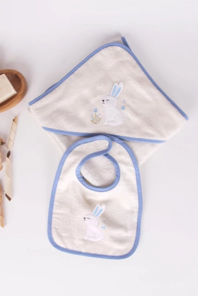 Tavşan Nakışlı Banyo Havlusu/Kundağı & Önlük Seti - Resim 5