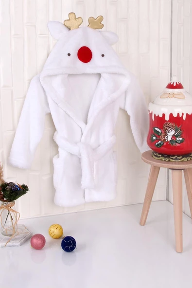 %100 Polyester Beyaz Çocuk Kapüşonlu Sabahlık Bornoz Ev Giyim - 4