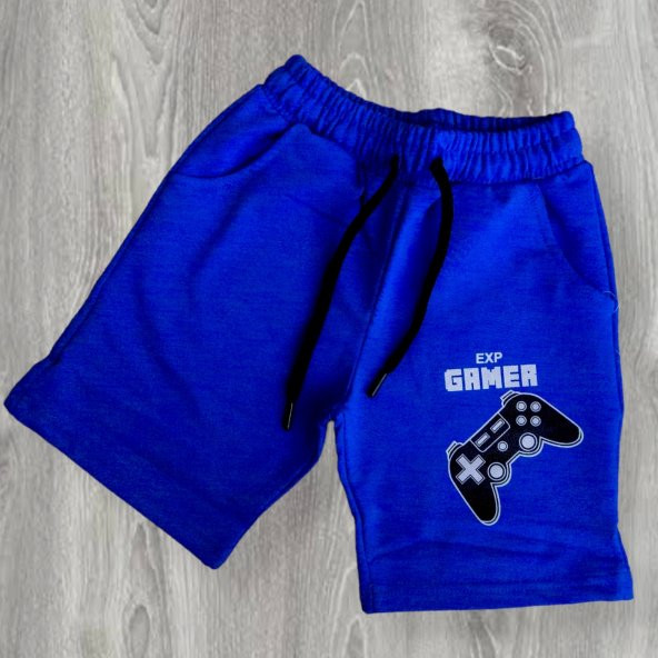 Gamer Yazı Desenli Cepli Şortlu Mavi Renk Erkek Çocuk Takım - 3