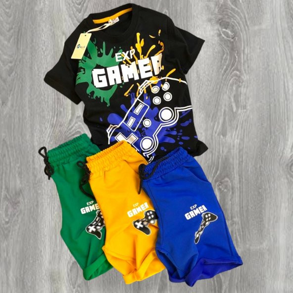 Gamer Yazı Desenli Cepli Şortlu Mavi Renk Erkek Çocuk Takım - 4