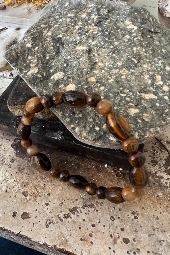 Özel Kesim Doğaltaşlı Kahverengi Renkli  Kaplan Gözü Taşlı Kadın Erkek Bileklik - 2