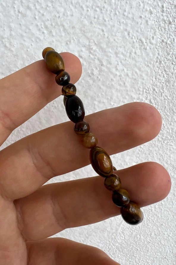 Özel Kesim Doğaltaşlı Kahverengi Renkli  Kaplan Gözü Taşlı Kadın Erkek Bileklik - 3