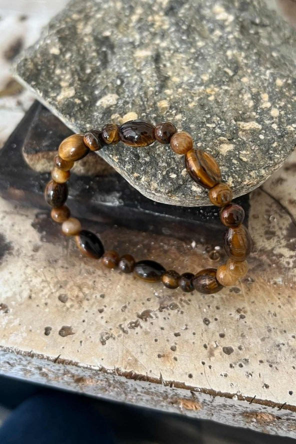 Özel Kesim Doğaltaşlı Kahverengi Renkli  Kaplan Gözü Taşlı Kadın Erkek Bileklik - 4