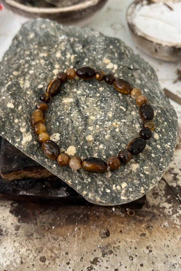 Özel Kesim Doğaltaşlı Kahverengi Renkli  Kaplan Gözü Taşlı Kadın Erkek Bileklik - 5