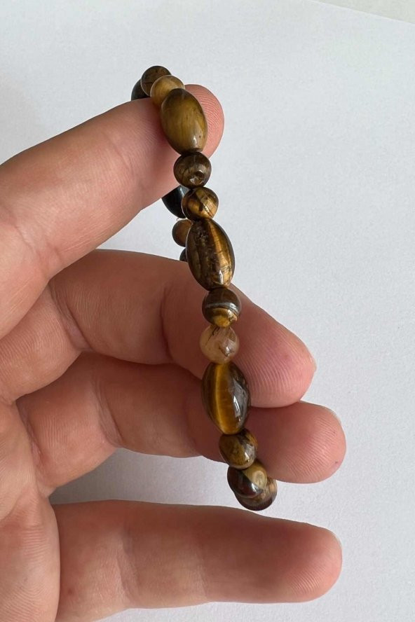 Özel Kesim Doğaltaşlı Kahverengi Renkli  Kaplan Gözü Taşlı Kadın Erkek Bileklik - 6