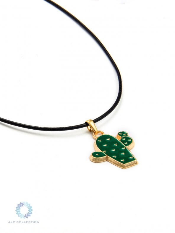 Yeşil Kaktüs Desenli Renkli Mineli Suni Deri İpli Metal Kolye