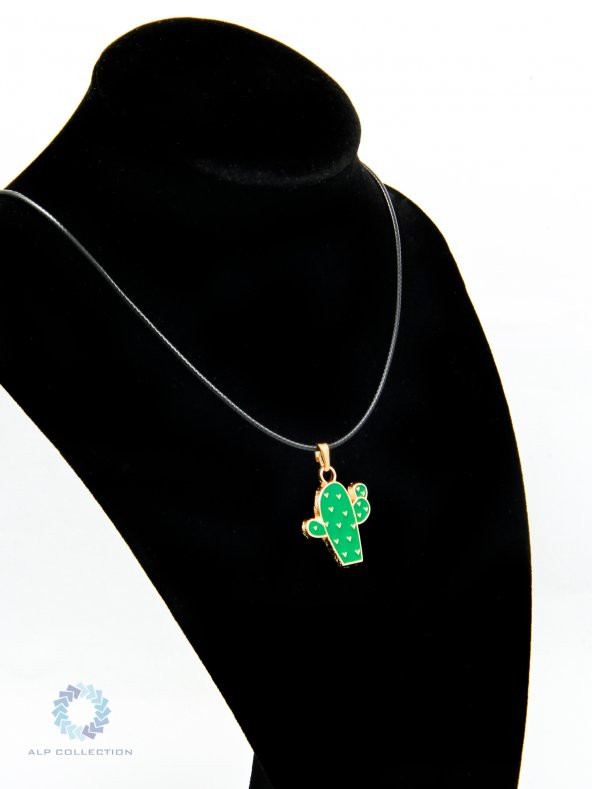 Yeşil Kaktüs Desenli Renkli Mineli Suni Deri İpli Metal Kolye - 3