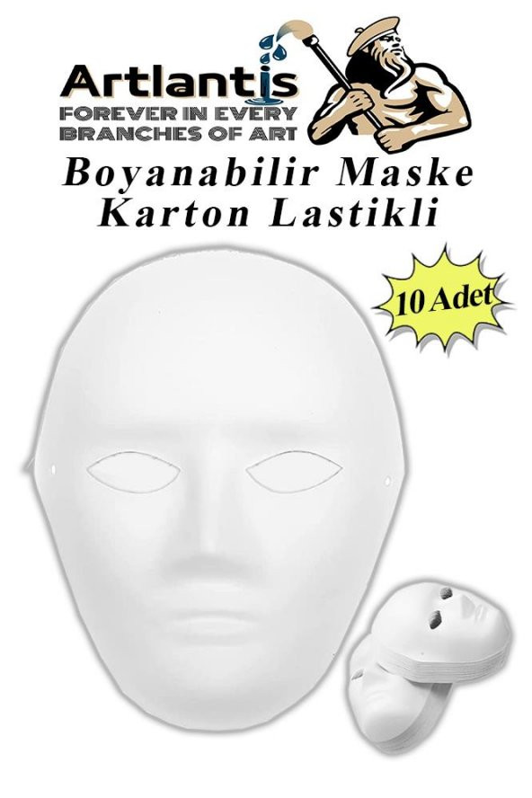 Maske Boyama 19x24 cm 10 Adet Boyanabilir Maske Karton Lastikli İnsan Yüzü Suratı Okul Sınıf Etkinlikleri Hobi