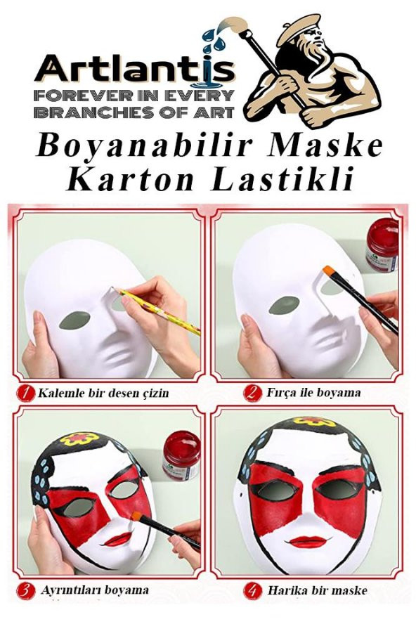 Maske Boyama 19x24 cm 10 Adet Boyanabilir Maske Karton Lastikli İnsan Yüzü Suratı Okul Sınıf Etkinlikleri Hobi - 6