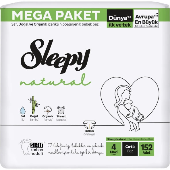 Sleepy Natural Bebek Bezi Mega Fırsat Paketi 4 Beden 7-14 Kg 152 Adet
