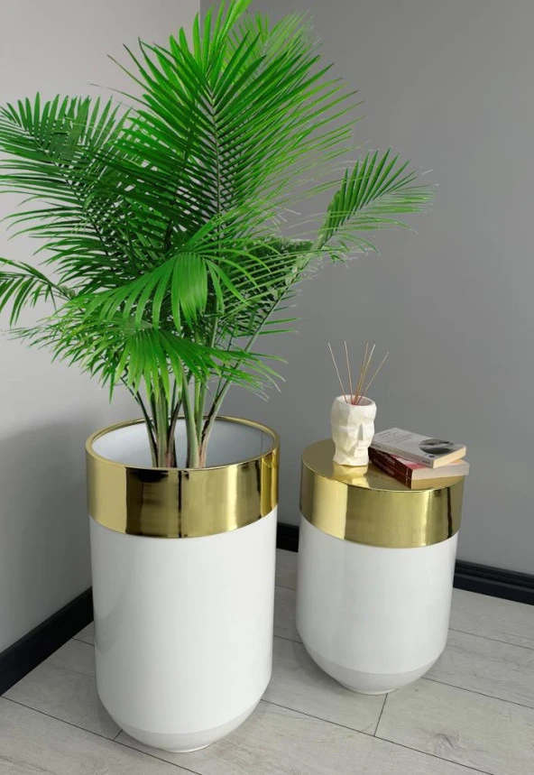 Dekoratif Gold Darbuka Parlak Beyaz Saksı 70cm + Sehpa 60cm İkili Set ürün görseli 1