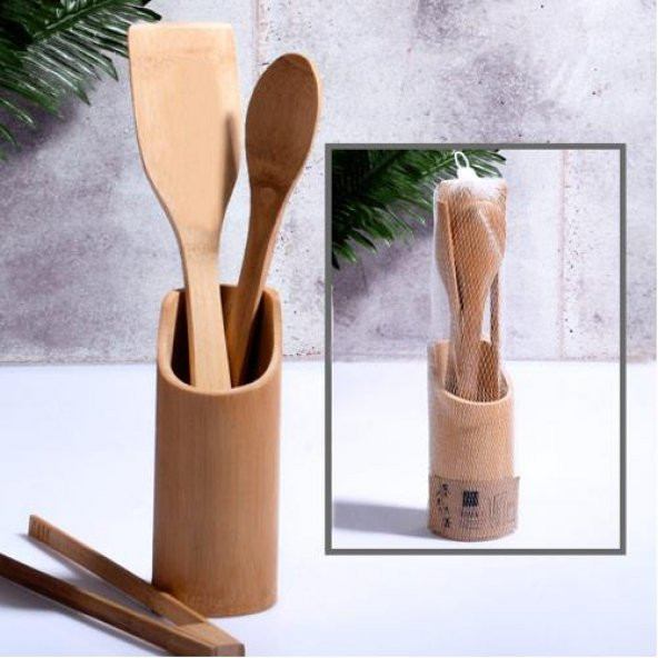 Ksv bambu dik kaşıklıklı kaşık-maşa spatula seti 4 lü