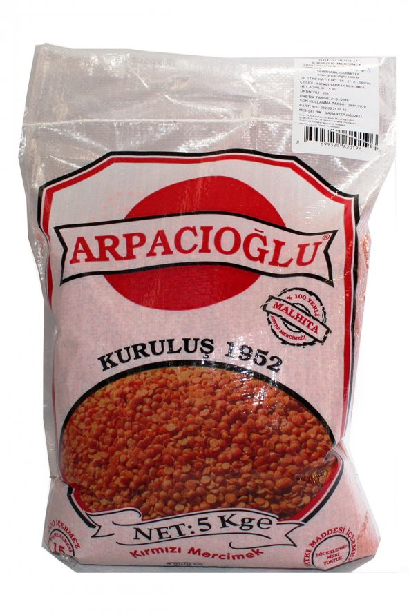 Arpacıoğlu %100 Yerli Türk Malı Kırmızı Yaprak Mercimek 5kg (Naturel)