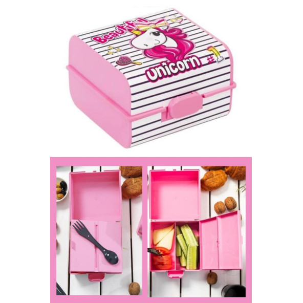 Flosoft Unicorn Beslenme Kutusu, Unicorn Desenli 3 Bölmeli Kilitli Çatal-Kaşıklı Okul Beslenme Kabı - 2