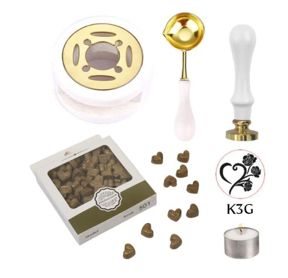 Davetiye Mum Mühürü Uygulama Seti Beyaz Renk K3G Kalp 3 Gül ürün görseli