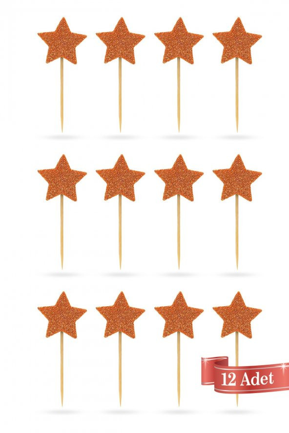 Turuncu Yıldız Simli Eva Kürdan Cupcake Toppers Cupcake Çubuğu 12li - 3