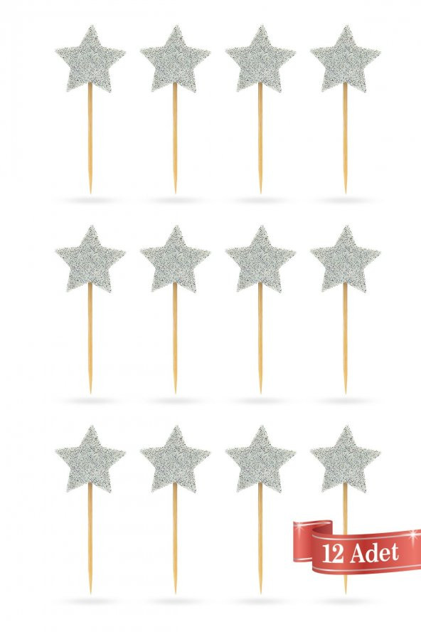 Beyaz Yıldız Simli Eva Kürdan Cupcake Toppers Cupcake Çubuğu 12li - 3