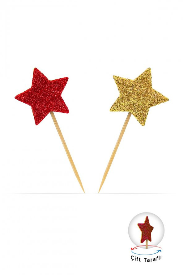 Gold-Kırmızı Çift Taraflı  Yıldız Simli Eva Kürdan Cupcake Toppers Cupcake Çubuğu 12li - 2