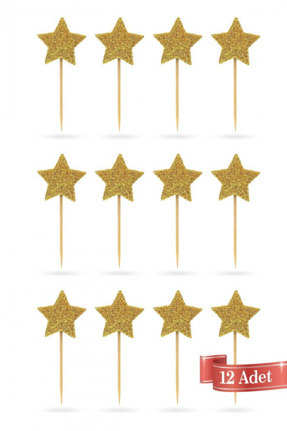 Gold-Kırmızı Çift Taraflı  Yıldız Simli Eva Kürdan Cupcake Toppers Cupcake Çubuğu 12li - 3