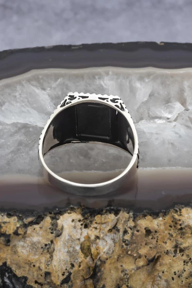 Kare Oniks Taşlı Ayyıldız 925 Gümüş Erkek Yüzük - 8