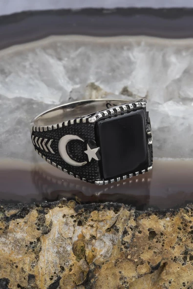 Kare Oniks Taşlı Ayyıldız 925 Gümüş Erkek Yüzük - 7