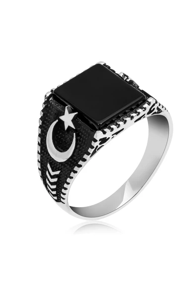 Kare Oniks Taşlı Ayyıldız 925 Gümüş Erkek Yüzük - 2